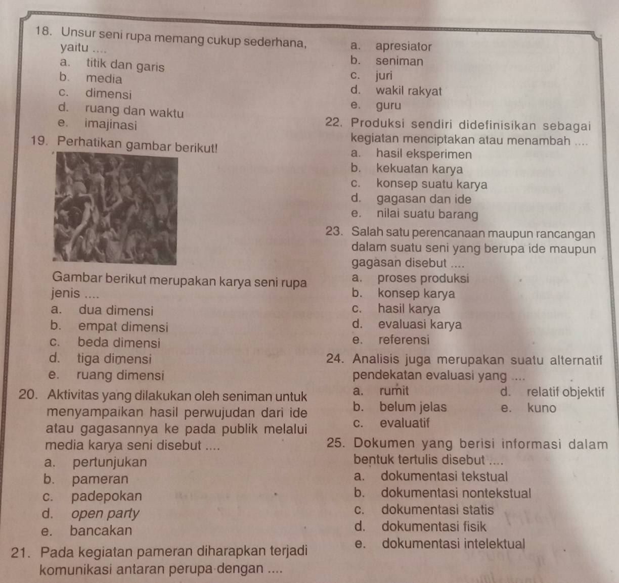 Unsur seni rupa memang cukup sederhana, a. apresiator
yaitu ....
a. titik dan garis
b. seniman
b. media
c. juri
c. dimensi
d. wakil rakyat
d. ruang dan waktu
e. guru
e. imajinasi
22. Produksi sendiri didefinisikan sebagai
kegiatan menciptakan atau menambah ....
19. Perhatikan gambar berikut! a. hasil eksperimen
b. kekuatan karya
c. konsep suatu karya
d. gagasan dan ide
e. nilai suatu barang
23. Salah satu perencanaan maupun rancangan
dalam suatu seni yang berupa ide maupun
gagasan disebut ....
Gambar berikut merupakan karya seni rupa a. proses produksi
jenis .... b. konsep karya
a. dua dimensi c. hasil karya
b. empat dimensi
d. evaluasi karya
c. beda dimensi e. referensi
d. tiga dimensi 24. Analisis juga merupakan suatu alternatif
e. ruang dimensi pendekatan evaluasi yang ....
20. Aktivitas yang dilakukan oleh seniman untuk a. rumit
d. relatif objektif
menyampaikan hasil perwujudan dari ide b. belum jelas e. kuno
atau gagasannya ke pada publik melalui c. evaluatif
media karya seni disebut .... 25. Dokumen yang berisi informasi dalam
a. pertunjukan bentuk tertulis disebut_
b. pameran a. dokumentasi tekstual
c. padepokan
b. dokumentasi nontekstual
d. open parly c. dokumentasi statis
e. bancakan
d. dokumentasi fisik
21. Pada kegiatan pameran diharapkan terjadi e. dokumentasi intelektual
komunikasi antaran perupa dengan ....