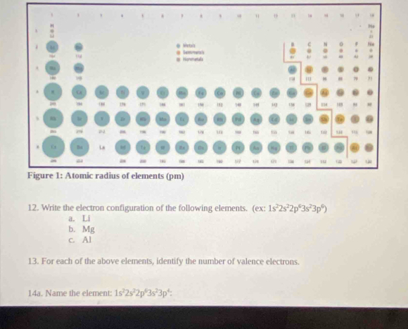 Write the electron configuration of the following elements. (ex: 1s^22s^22p^63s^23p^6)
a. Li 
b. Mg
c. Al 
13. For each of the above elements, identify the number of valence electrons. 
14a. Name the element: 1s^22s^22p^63s^23p^4 :