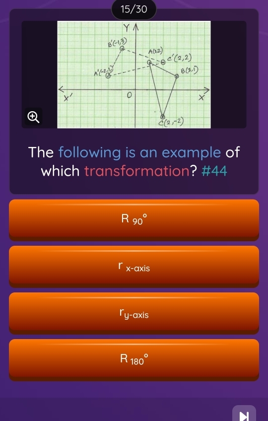 15/30
The following is an example of
which transformation? #44
R_(90)°
x-axis
u- ax IS
R_(180)°