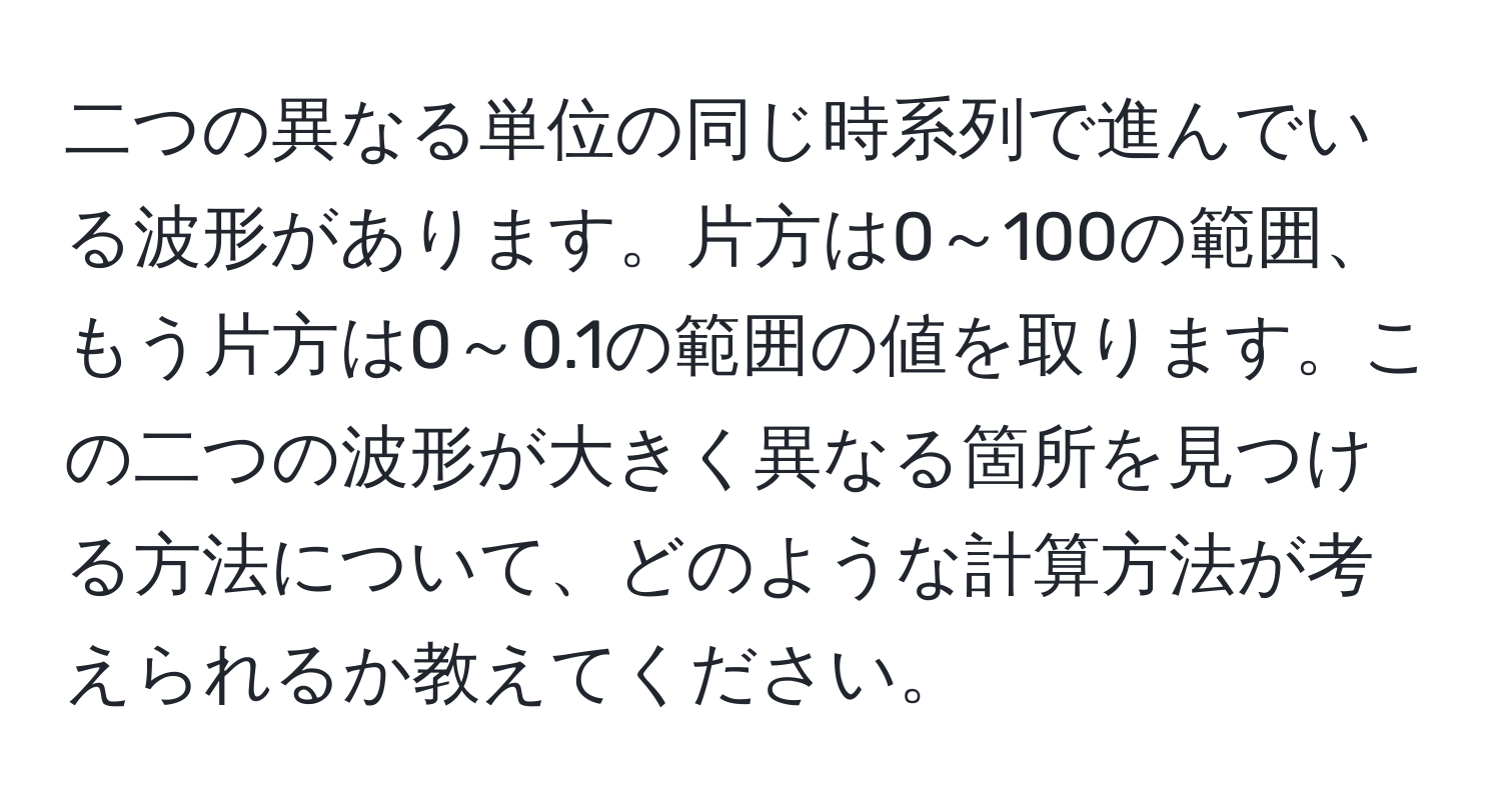 二つの異なる単位の同じ時系列で進んでいる波形があります。片方は0～100の範囲、もう片方は0～0.1の範囲の値を取ります。この二つの波形が大きく異なる箇所を見つける方法について、どのような計算方法が考えられるか教えてください。