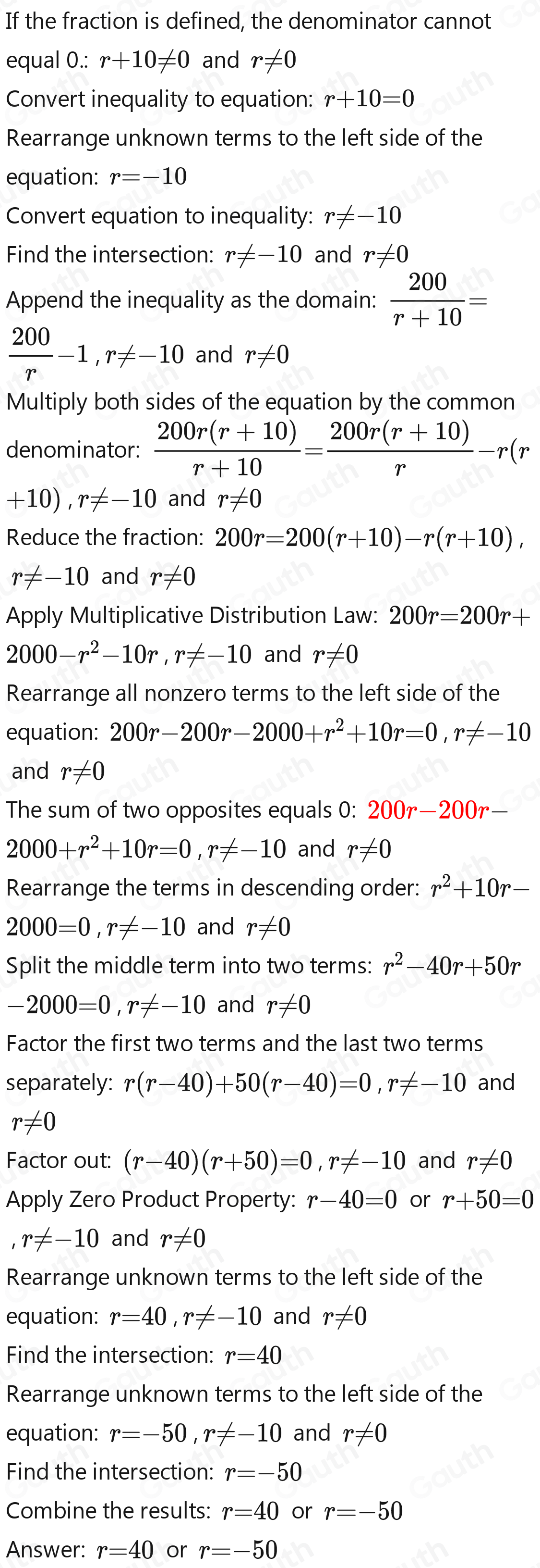 Solved: 200/r+10 = 200/r -1 [Math]