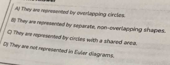 A) They are represented by overlapping circles.
B) They are represented by separate, non-overlapping shapes.
C) They are represented by circles with a shared area.
D) They are not represented in Euler diagrams.