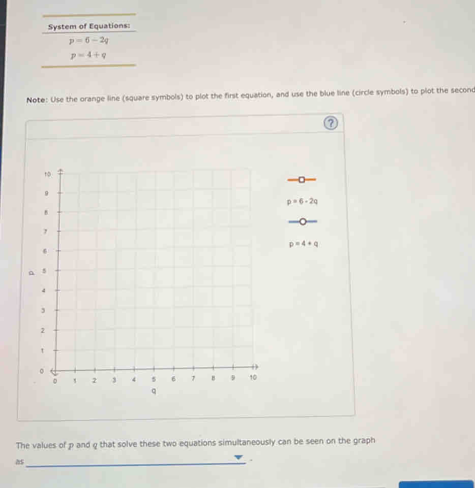 System of Equations:
p=6-2q
p=4+q
Note: Use the orange line (square symbols) to plot the first equation, and use the blue line (circle symbols) to plot the seconc 
?
p=6-2q
p=4+q
The values of p and q that solve these two equations simultaneously can be seen on the graph 
as_