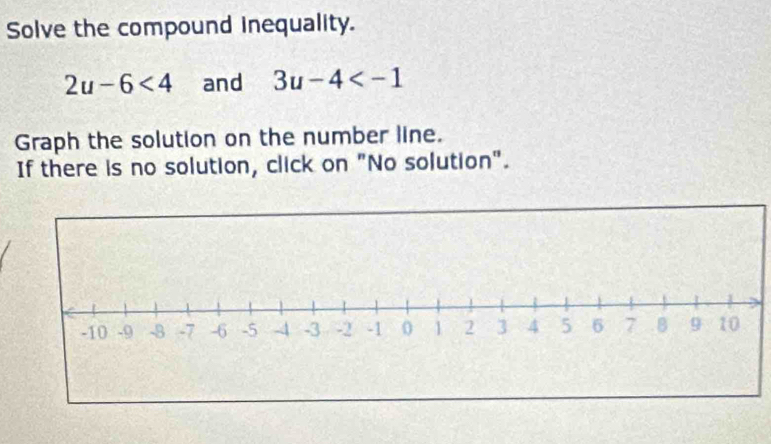 Solve the compound inequality.
2u-6<4</tex> and 3u-4
Graph the solution on the number line. 
If there is no solution, click on "No solution".