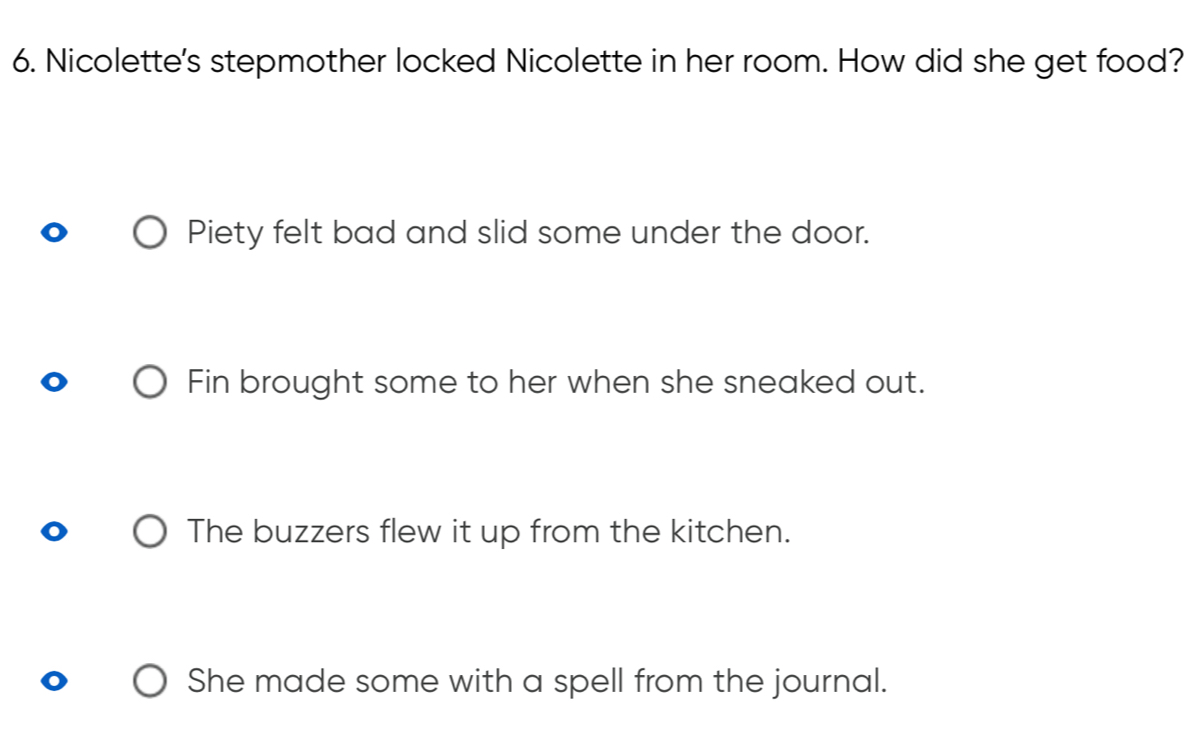 Nicolette's stepmother locked Nicolette in her room. How did she get food?
Piety felt bad and slid some under the door.
Fin brought some to her when she sneaked out.
The buzzers flew it up from the kitchen.
She made some with a spell from the journal.