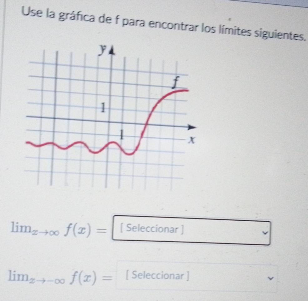 Use la gráfica de f para encontrar los límites siguientes.
lim_xto ∈fty f(x)= [ Seleccionar ]
lim_xto -∈fty f(x)= [ Seleccionar ]