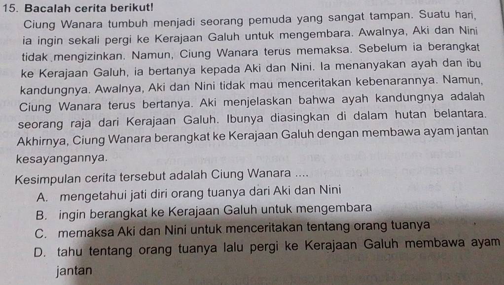 Bacalah cerita berikut!
Ciung Wanara tumbuh menjadi seorang pemuda yang sangat tampan. Suatu hari,
ia ingin sekali pergi ke Kerajaan Galuh untuk mengembara. Awalnya, Aki dan Nini
tidak mengizinkan. Namun, Ciung Wanara terus memaksa. Sebelum ia berangkat
ke Kerajaan Galuh, ia bertanya kepada Aki dan Nini. la menanyakan ayah dan ibu
kandungnya. Awalnya, Aki dan Nini tidak mau menceritakan kebenarannya. Namun,
Ciung Wanara terus bertanya. Aki menjelaskan bahwa ayah kandungnya adalah
seorang raja dari Kerajaan Galuh. Ibunya diasingkan di dalam hutan belantara.
Akhirnya, Ciung Wanara berangkat ke Kerajaan Galuh dengan membawa ayam jantan
kesayangannya.
Kesimpulan cerita tersebut adalah Ciung Wanara ....
A. mengetahui jati diri orang tuanya dari Aki dan Nini
B. ingin berangkat ke Kerajaan Galuh untuk mengembara
C. memaksa Aki dan Nini untuk menceritakan tentang orang tuanya
D. tahu tentang orang tuanya lalu pergi ke Kerajaan Galuh membawa ayam
jantan