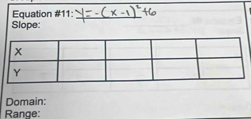 Equation #11:_ 
Slope: 
Domain: 
Range: