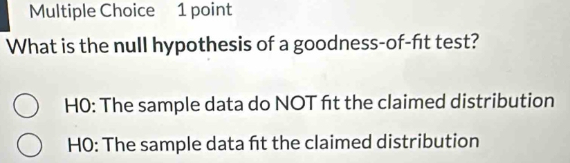 What is the null hypothesis of a goodness-of-fit test?
H0: The sample data do NOT ft the claimed distribution
H0: The sample data ft the claimed distribution