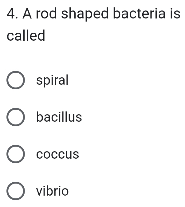 A rod shaped bacteria is
called
spiral
bacillus
coccus
vibrio