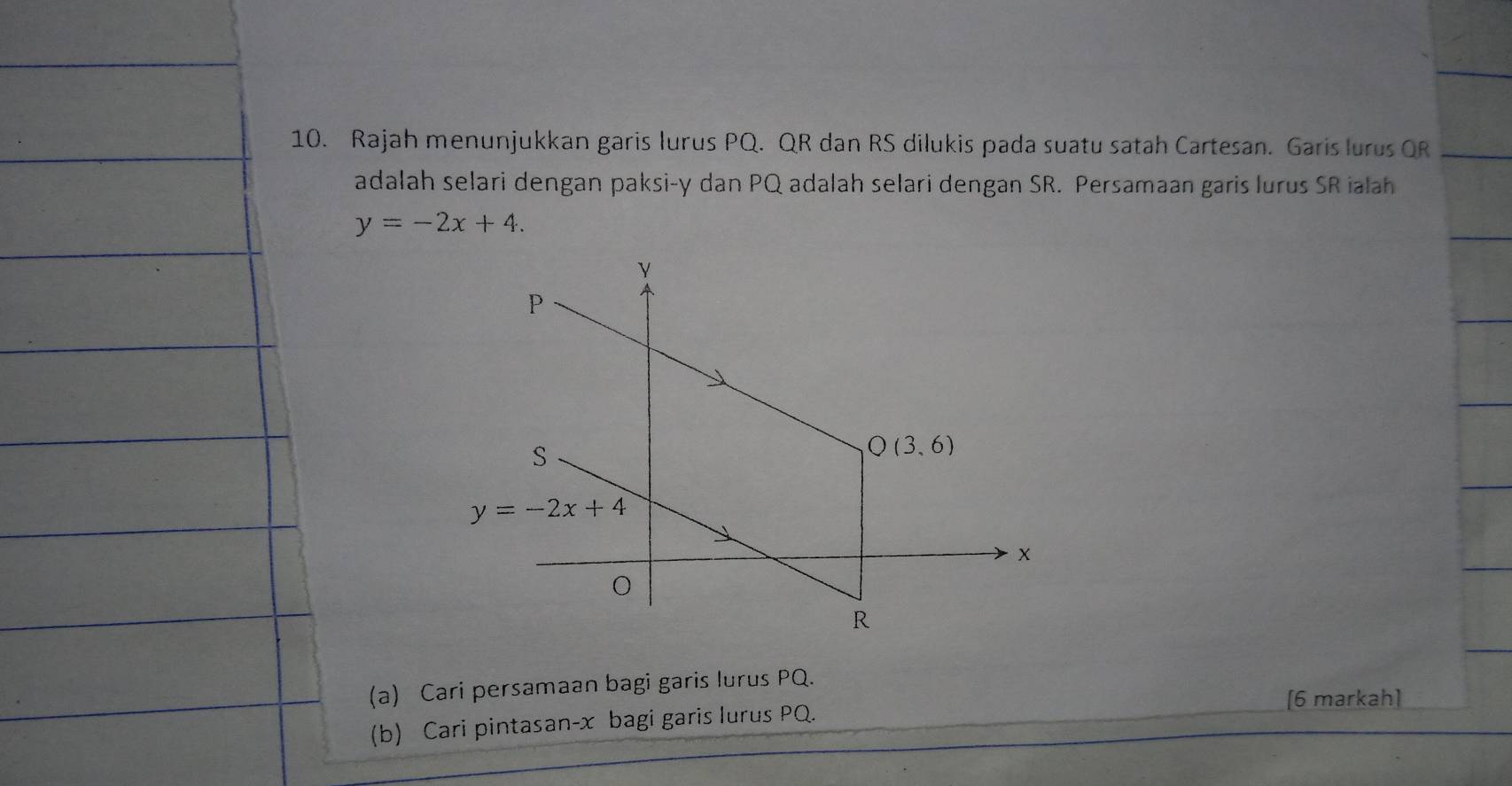 Rajah menunjukkan garis lurus PQ. QR dan RS dilukis pada suatu satah Cartesan. Garis lurus QR
adalah selari dengan paksi-y dan PQ adalah selari dengan SR. Persamaan garis lurus SR ialah
y=-2x+4.
(a) Cari persamaan bagi garis lurus PQ.
[6 markah]
(b) Cari pintasan-x bagi garis lurus PQ.