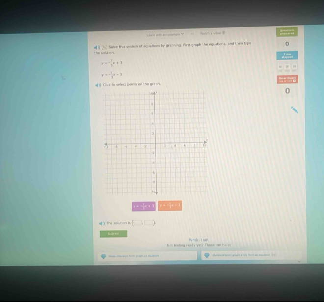 Leam with an exampe Watch a video ⑤ =ant === 
41 3x^2 Solve this system of equations by graphing. First graph the equations, and then type 0 
the solution.
y=- 7/3 x+3 at awued 
30
y=- 1/3 x-3
Click to select points on the graph. 
0
y=- 2/3 x+3 r=frac 1you
=1) The solution is (□ ,□ )
Sterst 
Work it out 
Not feeling ready yet? These can help: 
=s mt ten pan e ear= Standard firm graph a tine from an esquation