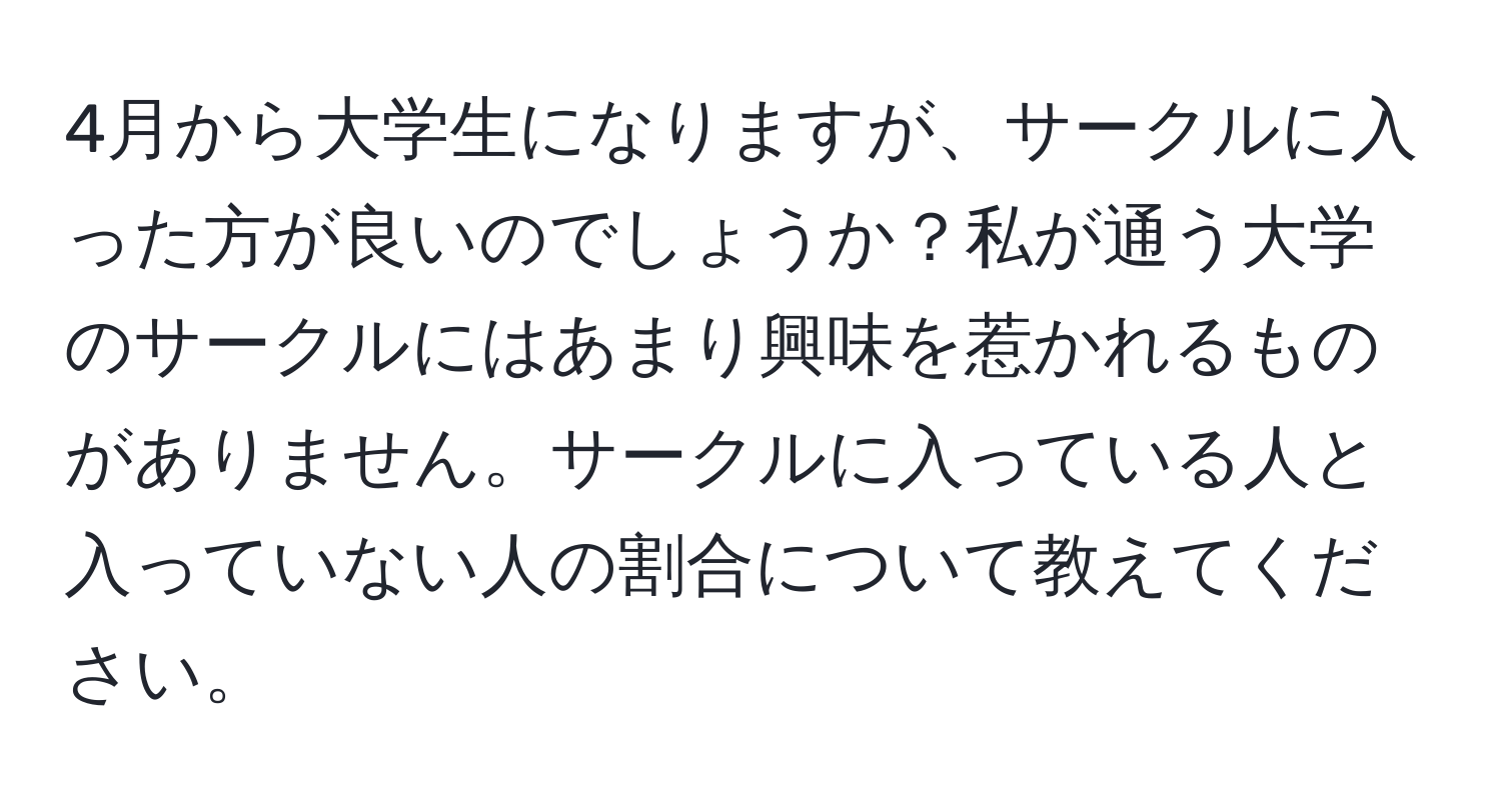 4月から大学生になりますが、サークルに入った方が良いのでしょうか？私が通う大学のサークルにはあまり興味を惹かれるものがありません。サークルに入っている人と入っていない人の割合について教えてください。