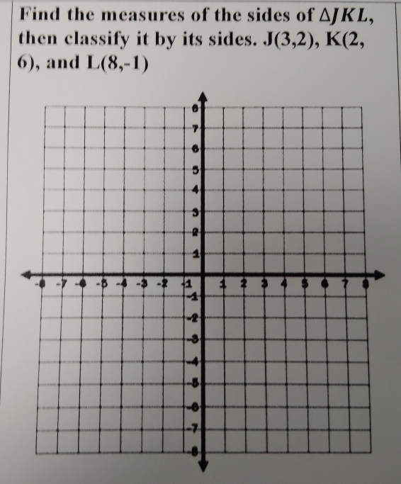 Find the measures of the sides of △ JKL, 
then classify it by its sides. J(3,2), K(2,
6), and L(8,-1)