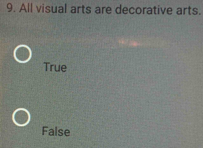 All visual arts are decorative arts.
True
False