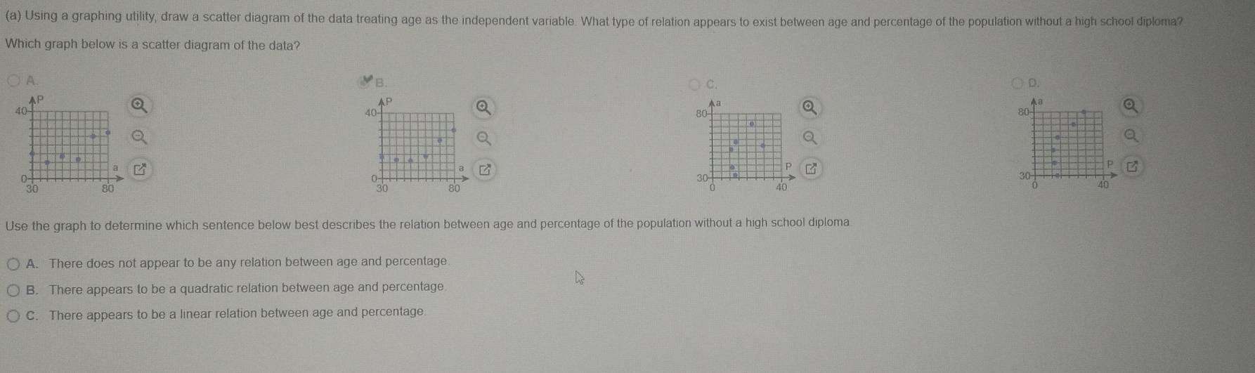 Using a graphing utility, draw a scatter diagram of the data treating age as the independent variable. What type of relation appears to exist between age and percentage of the population without a high school diploma?
Which graph below is a scatter diagram of the data?
A.
B.
C.
D.
AP
AP
40
40
80
80
30
30
"30 80 80 40
Use the graph to determine which sentence below best describes the relation between age and percentage of the population without a high school diploma
A. There does not appear to be any relation between age and percentage
B. There appears to be a quadratic relation between age and percentage
C. There appears to be a linear relation between age and percentage