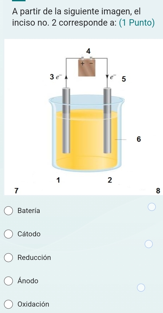 A partir de la siguiente imagen, el
inciso no. 2 corresponde a: (1 Punto)
7
8
Batería
Cátodo
Reducción
Ánodo
Oxidación