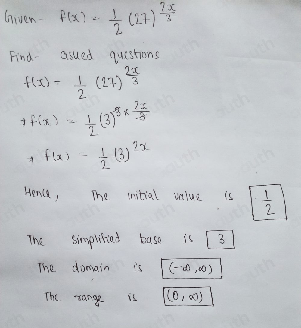 Solved: Ty it Simplify the function f(x)= 1/2 (27)^ 2x/3 . Then ...