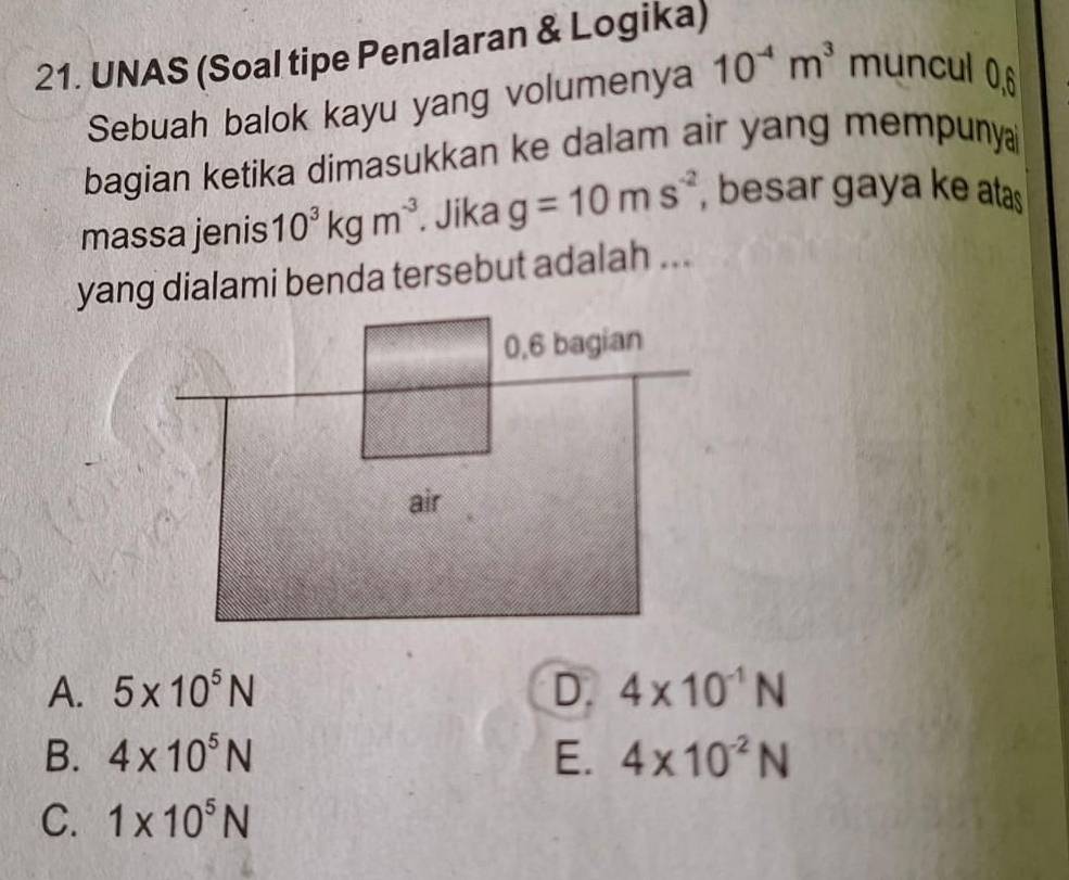 UNAS (Soal tipe Penalaran & Logika)
Sebuah balok kayu yang volumenya 10^(-4)m^3 muncul 0, 6
bagian ketika dimasukkan ke dalam air yang mempunya
massa jenis 10^3kgm^(-3). Jika g=10ms^(-2) , besar gaya ke atas
yang dialami benda tersebut adalah ...
A. 5* 10^5N D. 4* 10^(-1)N
B. 4* 10^5N E. 4* 10^(-2)N
C. 1* 10^5N