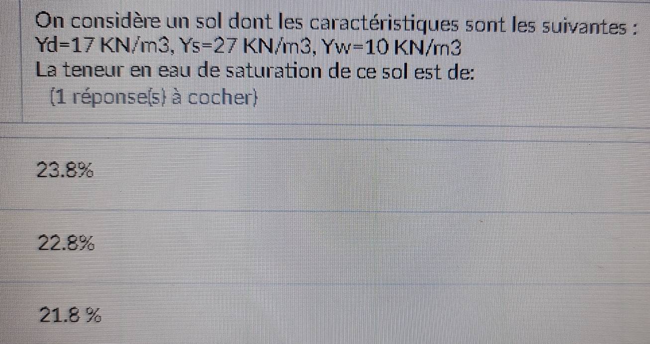 Solved: On considère un sol dont les caractéristiques sont les ...
