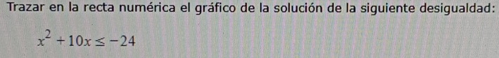 Trazar en la recta numérica el gráfico de la solución de la siguiente desigualdad:
x^2+10x≤ -24