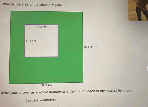 What is the area of the shaded region? 
Write your answer as a whole number or a decimal rounded to the nearest hundredth.
□ square kilometers