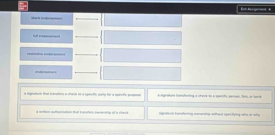 Exit Assignment ×
blank endorsement
full endorsement
restrictive endorsement
endorsement
a signature that transfers a check to a specific party for a specific purpose a signature transferring a check to a specific person, firm, or bank
a written authorization that transfers ownership of a check signature transferring ownership without specifying who or why