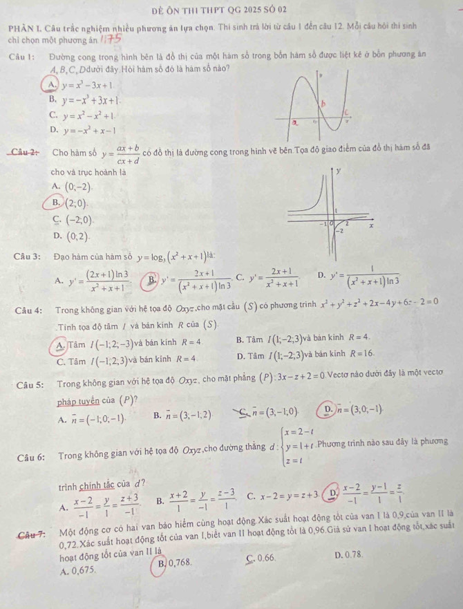 đẻ Ôn thị thPt Qg 2025 Sở 02
PHẢN I. Câu trắc nghiệm nhiều phương án lựa chọn: Thí sinh trả lời từ câu 1 đến câu 12. Mỗi câu hội thi sinh
chì chọn một phương án
Câu 1: Đường cong trong hình bên là đồ thị của một hàm số trong bốn hàm số được liệt kê ở bỗn phương ăn
A, B,C, Ddười đây Hòi hàm số đó là hàm số nào?
A. y=x^3-3x+1
B. y=-x^3+3x+1.
C. y=x^2-x^2+1.
D. y=-x^2+x-1
Câu 2: Cho hàm số y= (ax+b)/cx+d  có đồ thị là đường cong trong hình vẽ bên Tọa độ giao điểm của đồ thị hàm số đã
cho và trục hoành là
A. (0;-2).
B. (2;0).
C. (-2;0).
D. (0,2).
Câu 3: Đạo hàm của hàm số y=log _3(x^2+x+1)^1dx
A. y'= ((2x+1)ln 3)/x^2+x+1 . B. y'= (2x+1)/(x^2+x+1)ln 3 . C. y'= (2x+1)/x^2+x+1 . D. y'= 1/(x^2+x+1)ln 3 
Câu 4: Trong không gian với hệ tọa độ Oxyz ,cho mặt cầu (S) có phương trình x^2+y^2+z^2+2x-4y+6z-2=0
Tinh tọa độ tâm / và bản kính R của (S)
A. Tâm I(-1;2;-3) và bán kính R=4 B. Tâm I(1;-2;3) và bản kinh R=4.
C. Tâm I(-1,2,3) và bán kính R=4 D. Tâm I(1;-2;3) và bản kinh R=16.
Câu 5: Trong không gian với hệ tọa độ Oxyz, cho mặt phẳng (P):3x-z+2=0 Vectơ nào dưới đây là một vectơ
pháp tuyến của (P)?
A. overline n=(-1;0;-1). B. overline n=(3,-1,2) C overline n=(3,-1,0) D. overline n=(3,0,-1)
Câu 6: Trong không gian với hệ tọa độ Oxyz,cho đường thắng d d:beginarrayl x=2-t y=1+t z=tendarray. Phương trình nào sau đây là phương
trình chính tắc của d?
A.  (x-2)/-1 = y/1 = (z+3)/-1 . B.  (x+2)/1 = y/-1 = (z-3)/1  C. x-2=y=z+3 D.  (x-2)/-1 = (y-1)/1 = z/1 
Câu 7: Một động cơ cỏ hai van bảo hiểm cùng hoạt động Xác suất hoạt động tốt của van I là 0,9,của van II là
0,72.Xác suất hoạt động tốt của van I,biết van II hoạt động tốt là 0,96.Giả sử van I hoạt động tốt,xác suất
hoạt động tốt của van II là
A. 0,675. B, 0,768. C. 0.66 D. 0.78.