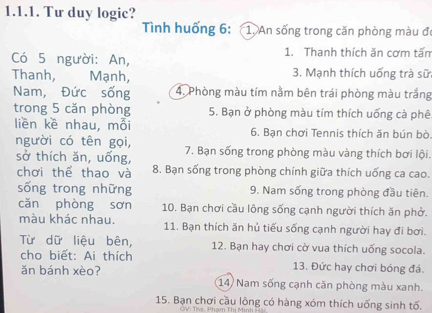 Tư duy logic? 
Tình huống 6: 1. An sống trong căn phòng màu đó 
Có 5 người: An, 
1. Thanh thích ăn cơm tấn 
Thanh, Mạnh, 
3. Mạnh thích uống trà sữ 
Nam, Đức sống 4. Phòng màu tím nằm bên trái phòng màu trắng 
trong 5 căn phòng 5. Bạn ở phòng màu tím thích uống cà phê 
liền kề nhau, mỗi 
6. Bạn chơi Tennis thích ăn bún bò. 
người có tên gọi, 
sở thích ăn, uống, 
7. Bạn sống trong phòng màu vàng thích bơi lội. 
chơi thể thao và 8. Bạn sống trong phòng chính giữa thích uống ca cao. 
sống trong những 9. Nam sống trong phòng đầu tiên. 
cǎn phòng sơn 10. Bạn chơi cầu lông sống cạnh người thích ăn phở. 
màu khác nhau. 11. Bạn thích ăn hủ tiếu sống cạnh người hay đi bơi. 
Từ dữ liệu bên, 12. Bạn hay chơi cờ vua thích uống socola. 
cho biết: Ai thích 
ǎn bánh xèo? 
13. Đức hay chơi bóng đá. 
14) Nam sống cạnh căn phòng màu xanh. 
15. Bạn chơi cầu lông có hàng xóm thích uống sinh tố. 
GV: Ths. Pham Thị Minh Hải.