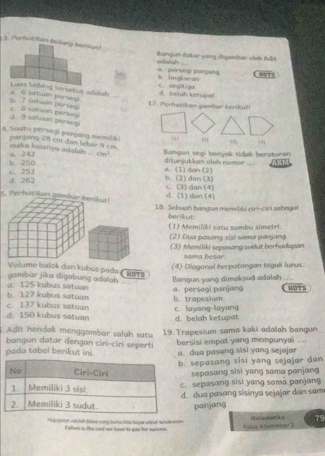 Perhatikan bidang berika!
Bangun datar yang digambar oleh Adit
adalah
a. persegi panjang HOTS
b lingkaran
c. segitiga
Luas bidang tersebut adalah
d beah ketupat
a. 6 satuan persegi
b. 7 satuan persegi
17. Perhatikan gambar berikut!
c. 8 satuan persegi
d. 9 satuan persegi
4. Suatu persegi panjang memiliki
(1) (2) (3) (4)
panjang 28 cm dan lebar 9 cm.
maka luasnya adalah ...
a. 242 cm^2. Bangun segi banyak tidak beraturan
ditunjukkan oleh nomor
b. 250 a. (1) dan (2)
c. 252 b. (2) dan (3)
d. 262
c. (3) dan (4)
5. Perhatikan gambar berikut!
d. (1) dan (4)
18. Sebuah bangun memiliki ciri-ciri sebagai
berikut:
(1) Memiliki satu sumbu simetri.
(2) Dua pasang sisi sama panjang.
(3) Memiliki sepasang sudut berhadapan
sama besar.
(4) Diagonal berpotongan tegak lurus.
Volume balok dan kubus pada HOTS
gambar jíka digabung adalah Bangun yang dimaksud adalah ....
a. 125 kubus satuan
a. persegi panjang HOTS
b. 127 kubus satuan
b. trapesium
c. 137 kubus satuan
c. layang-layang
d. 150 kubus satuan
d. belah ketupat
Adit hendak menggambar salah satu 19. Trapesium sama kaki adalah bangun
bangun datar dengan ciri-ciri seperti bersisi empat yang mempunyai ....
pada tabel berikut ini. a. dua pasang sisi yang sejajar
. sepasang sisi yang sejajar dan
sepasang sisi yang sama panjang. sepasang sisi yang sama panjang
d. dua pasang sisinya sejajar dan sam
panjang
n egagaian adolan blaya yong hanus kita bayar unJuk kesuksesan Matematika 79
Failure is the cost we have to pay for success. Kelas 4 Semester 2