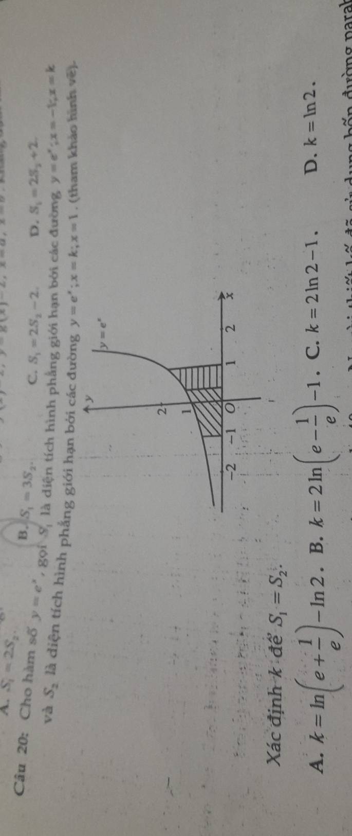 -g(x)-2
A. S_1=2S_2. C. S_1=2S_2-2. D. S_1=2S_2+2
B. S_1=3S_2.
Câu 20: Cho hàm số y=e^x gọi  S là diện tích hình phẳng giới hạn bởi các đường y=e^x;x=-1|x=k
và S_2 là diện tích hình phẳng giới hạn bởi các đường y=e^x;x=k;x=1. (tham khảo hình vẽ).
Xác định k để S_1=S_2.
A. k=ln (e+ 1/e )-ln 2.B.k=2ln (e- 1/e )-1. C. k=2ln 2-1. D. k=ln 2.
h ế n đường paral