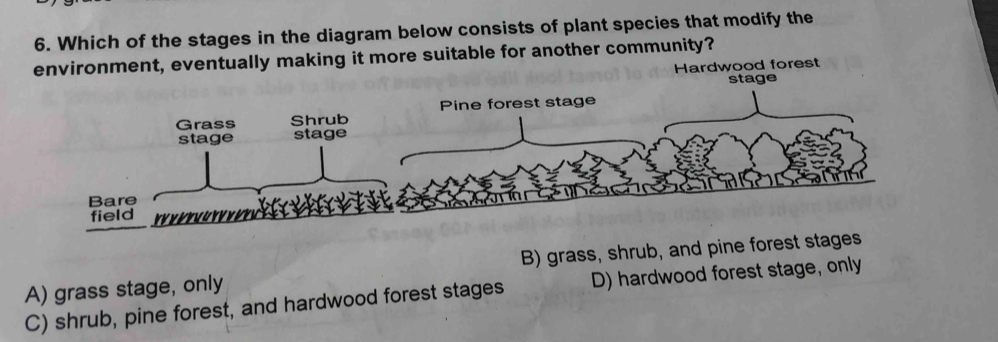 Which of the stages in the diagram below consists of plant species that modify the
environment, eventually making it more suitable for another community?
Hardwood forest
stage
Pine forest stage
Grass Shrub
stage stage
Bare
field
A) grass stage, only B) grass, shrub, and pine forest stages
C) shrub, pine forest, and hardwood forest stages D) hardwood forest stage, only