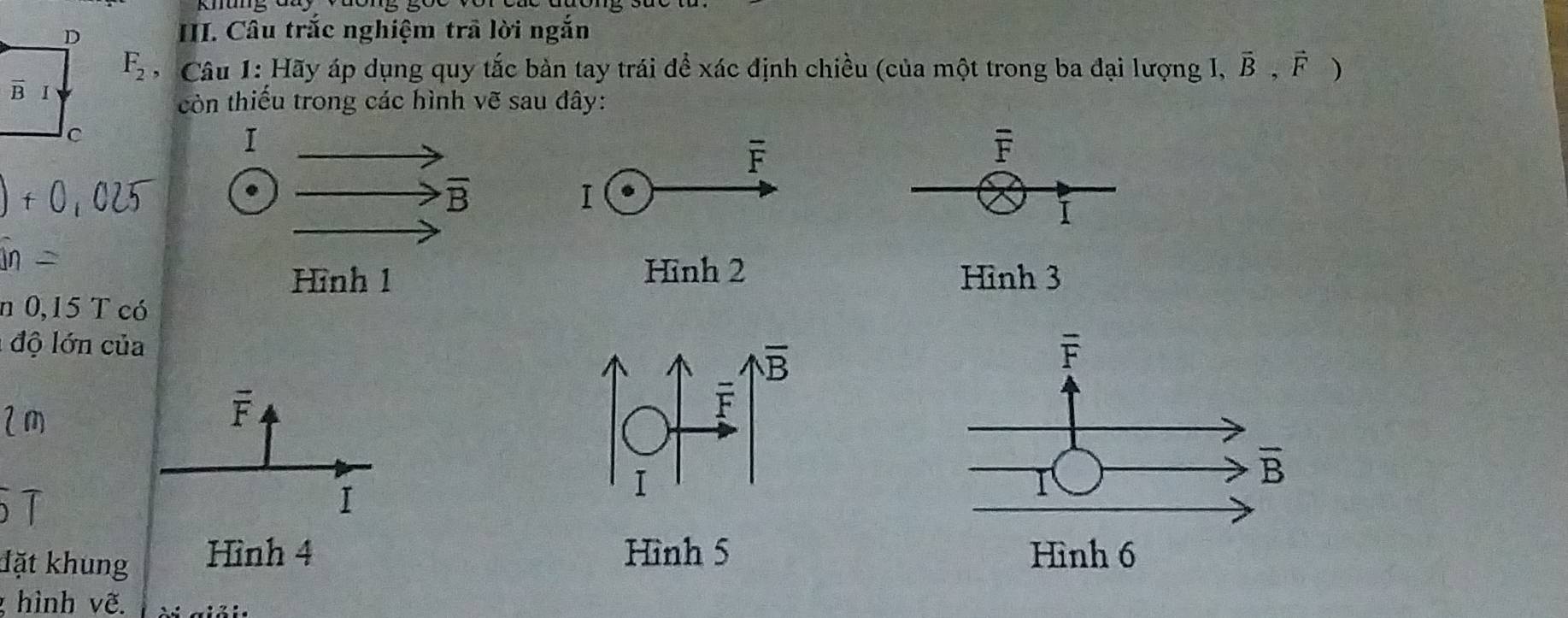 Câu trắc nghiệm trã lời ngắn
F_2 Câu 1: Hãy áp dụng quy tắc bàn tay trái để xác định chiều (của một trong ba đại lượng I, vector B,vector F)
còn thiếu trong các hình vẽ sau đây:
overline F
overline F
I
I
Hình 2
Hình 3
n 0,15 T có
độ lớn của
2m
overline F
T
I
Hình 5
đặt khung Hình 4 
hình vẽ.