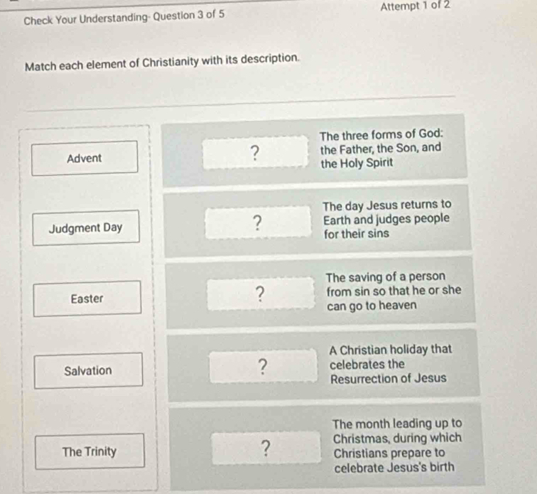 Attempt 1 of 2 
Check Your Understanding- Question 3 of 5 
Match each element of Christianity with its description. 
The three forms of God: 
? 
Advent the Father, the Son, and 
the Holy Spirit 
The day Jesus returns to 
Judgment Day Earth and judges people 
? for their sins 
The saving of a person 
Easter ? from sin so that he or she 
can go to heaven 
A Christian holiday that 
Salvation ? celebrates the 
Resurrection of Jesus 
The month leading up to 
? Christmas, during which 
The Trinity Christians prepare to 
celebrate Jesus's birth