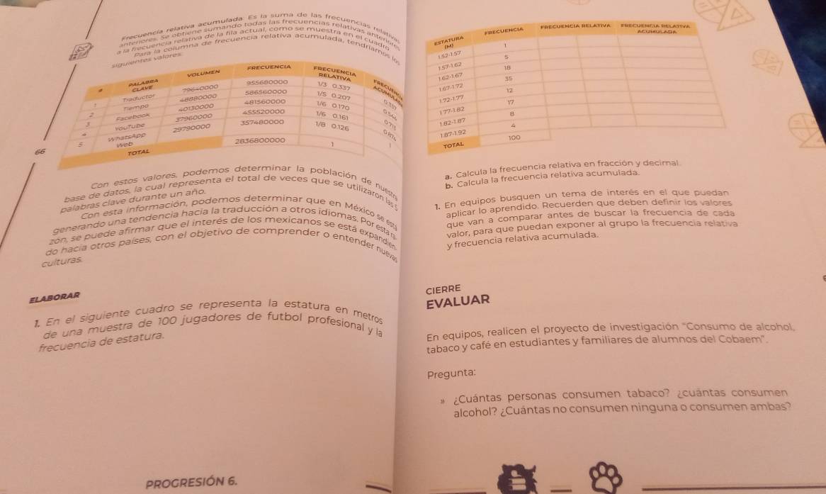 Frecuencía relativa acumulada: Es la suma de las frecuencias relativa 
mna de frecuencia relativa acumulada, tendríao 
b, Calcula la frecuencia relativa acumulada. 
base de datos, la cual representa el total de veces que se utilizarón las a. Calcula la frecuencia relativa en fracción y decimal 
Con estos valores, podlación de nuestra 
palabras clave durante un año. 
aplicar lo aprendido. Recuerden que deben definir los valores 
generando una tendencia hacía la traducción a otros idiomas. Por estar 1. En equipos busquen un tema de interés en el que puedan 
Con esta información, podemos determinar que en México se es que van a comparar antes de buscar la frecuencia de cada 
zón, se puede afirmar que el interés de los mexicanos se está expandien y frecuencia relativa acumulada. 
do hacía otros países, con el objetivo de comprender o entender nuea valor, para que puedan exponer al grupo la frecuencia relativa 
culturas 
ELABORAR 
EVALUAR CIERRE 
1, En el siguiente cuadro se representa la estatura en metros 
de una muestra de 100 jugadores de futbol profesional y la 
frecuencia de estatura. 
En equipos, realicen el proyecto de investigación 'Consumo de alcohol, 
tabaco y café en estudiantes y familiares de alumnos del Cobaem". 
Pregunta: 
¿Cuántas personas consumen tabaco? ¿cuántas consumen 
alcohol? ¿Cuántas no consumen ninguna o consumen ambas? 
PROGRESIÓN 6. 
_