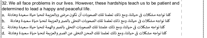 We all face problems in our lives. However, these hardships teach us to be patient and 
determined to lead a happy and peaceful life. 
a. dislog öaw öh> hư dsjJyg Gèy jS j Slgan Sl hnhi S3 jog hh> j iu dzgi l 
b. dislog öaw öh> hai djzgma|h y| Slgaal| S5 lshi &U3 zog cök> 3 SXio dz |gi lb 
c. döslog öaw öh> hœij dng|y ma|h Y Slgaa!| I5 hale 1U3 zog clök> 8 Sin dz 1gi li 
d. dislag öjhaw öh> hu dsjg a|| je Je| j| eö lnhö Juj jog lük> 3 Sio dzlgi li