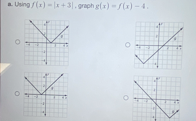 Using f(x)=|x+3| , graph g(x)=f(x)-4.