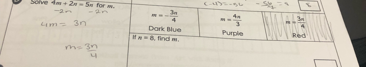 Solve 4m+2n=5n