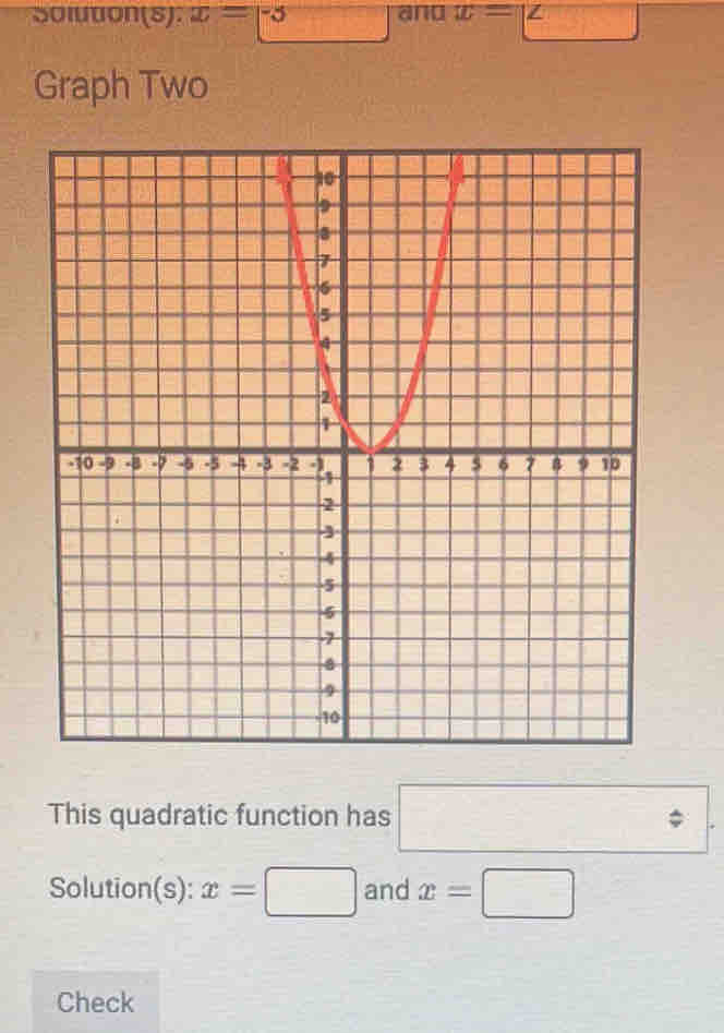 Soluton(s). x=-5 and x=1z° 
Graph Two 
This quadratic function has □ 
Solution(s): x=□ and x=□
Check