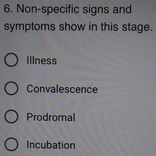 Non-specific signs and
symptoms show in this stage.
Illness
Convalescence
Prodromal
Incubation