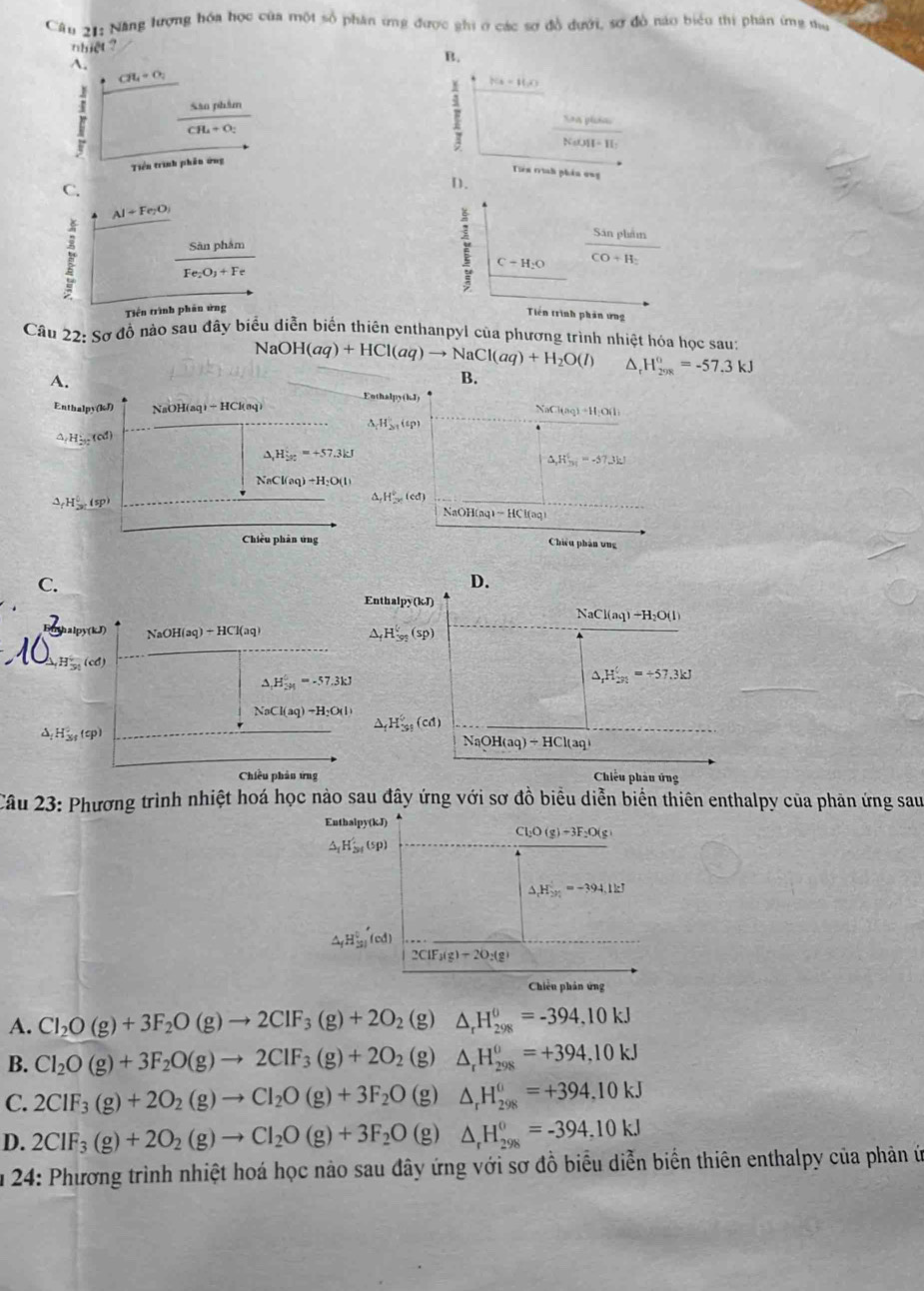 Năng lượng hóa học của một số phân ứng được ghi ở các sơ đồ dưới, sơ đồ nào biểu thi phân ứng tu
nhiệt ?
A.
B.
CH_4=O_2
r frac ShajthimCR_2+O_2
F P(x-11,0)
Saqptides
NaOH-H_2
Tiền trình phần ứng
Tiên trình phán ong
C.
D.
Al+Fe_2O_3
Sān phám
Fe_2O_3+Fe
C+H_2O frac SinplaimCO+H_2
Tiền trình phân ứng
Tiên trình phân ứng
Câu 22: Sơ đồ nào sau đây biểu diễn biến thiên enthanpyl của phương trình nhiệt hóa học sau:
Na OH(aq)+HCl(aq)to NaCl(aq)+H_2O(l) D H_(298)°=-57.3kJ
B.
A. Enthalpy(kJ)
Enthalpy(kJ) NaOH(aq)+HCl(aq) NaCl(aq)+H_2O(l)
△ _iH_2n(cp)
△ _rH_2n(od)
△ _1H_5n=+57.3kJ
△ _rH_nt=-57.3kJ
NaCl(aq)+H_2O(l)
△ _fH_2=(sp)
△ _1H_(2n)^6(cd)
NaOH(aq)-HCl(aq)
Chiều phân ứng Chiều phân ung
C.
D.
Enthalpy(kJ)
NaCl(aq)+H_2O(l). alpy(kJ) NaOH(aq)+HCl(aq)
△ _fH_(593)^((sp))
y_min (cd)
△ _1H_(3H)^6=-57.3kJ
△ _rH_2n'=+57.3kJ
NaCl(aq)to H_2O(l)
△ _fH_(3s)^2(cp)
△ _fH_(39)^6(cd)
NaOH(aq)/ HCl(aq)
Chiều phản ứng Chiếu phâu ứng
Câu 23: Phương trình nhiệt hoá học nào sau đây ứng với sơ đồ biểu diễn biển thiên enthalpy của phản ứng sau
Enthalpy(kJ)
Cl_2O(g)+3F_2O(g)
△ _1H_31'(sp)
△ _rH_(2n)^+=-394.1kJ
△ _fH_(21)^0(cd)
2CIF_3(g)+2O_2(g)
Chiều phản ứng
A. Cl_2O(g)+3F_2O(g)to 2CIF_3(g)+2O_2 (g) △ _rH_(298)^0=-394,10kJ
B. Cl_2O(g)+3F_2O(g)to 2ClF_3(g)+2O_2 (g) △ _rH_(298)^0=+394,10kJ
C. 2CIF_3(g)+2O_2(g)to CI_2O(g)+3F_2O (g) △ _rH_(298)^(θ)=+394,10kJ
D. 2CIF_3(g)+2O_2(g)to CI_2O(g)+3F_2O(g) △ _rH_(298)^0=-394,10kJ
Âu 24: Phương trình nhiệt hoá học nào sau đây ứng với sơ đồ biểu diễn biển thiên enthalpy của phản ứ