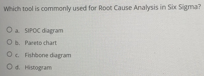 Which tool is commonly used for Root Cause Analysis in Six Sigma?
a. SIPOC diagram
b. Pareto chart
c. Fishbone diagram
d. Histogram