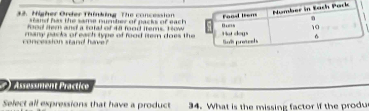 Higher Order Thinking The concession 
stand has the same number of packs of each . 
rood item and a total of 48 food items. How 
many pack of each type of food item does the 
concession stand have? 
Assessment Präctice 
Select all expressions that have a product 34. What is the missing factor if the produ