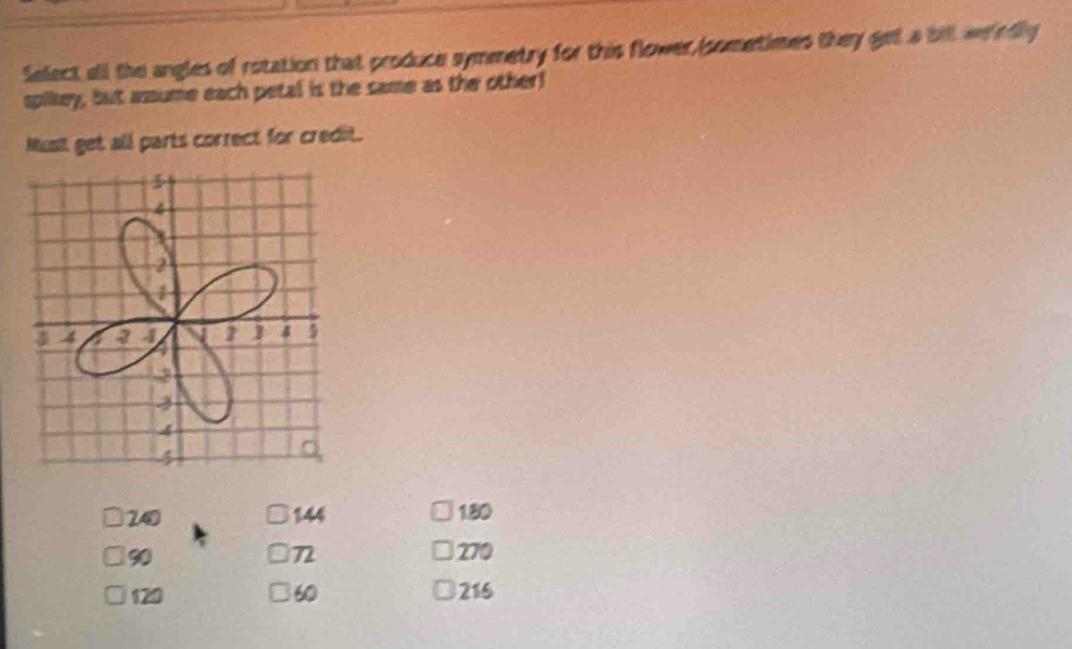 Select all the angles of rotation that produce symmetry for this flower (sometimes they gel a bit weirdly 
spikey, but amume each petal is the same as the other! 
Must get all parts correct for credit.
240 144 1.80
90
72 270
120 60 216