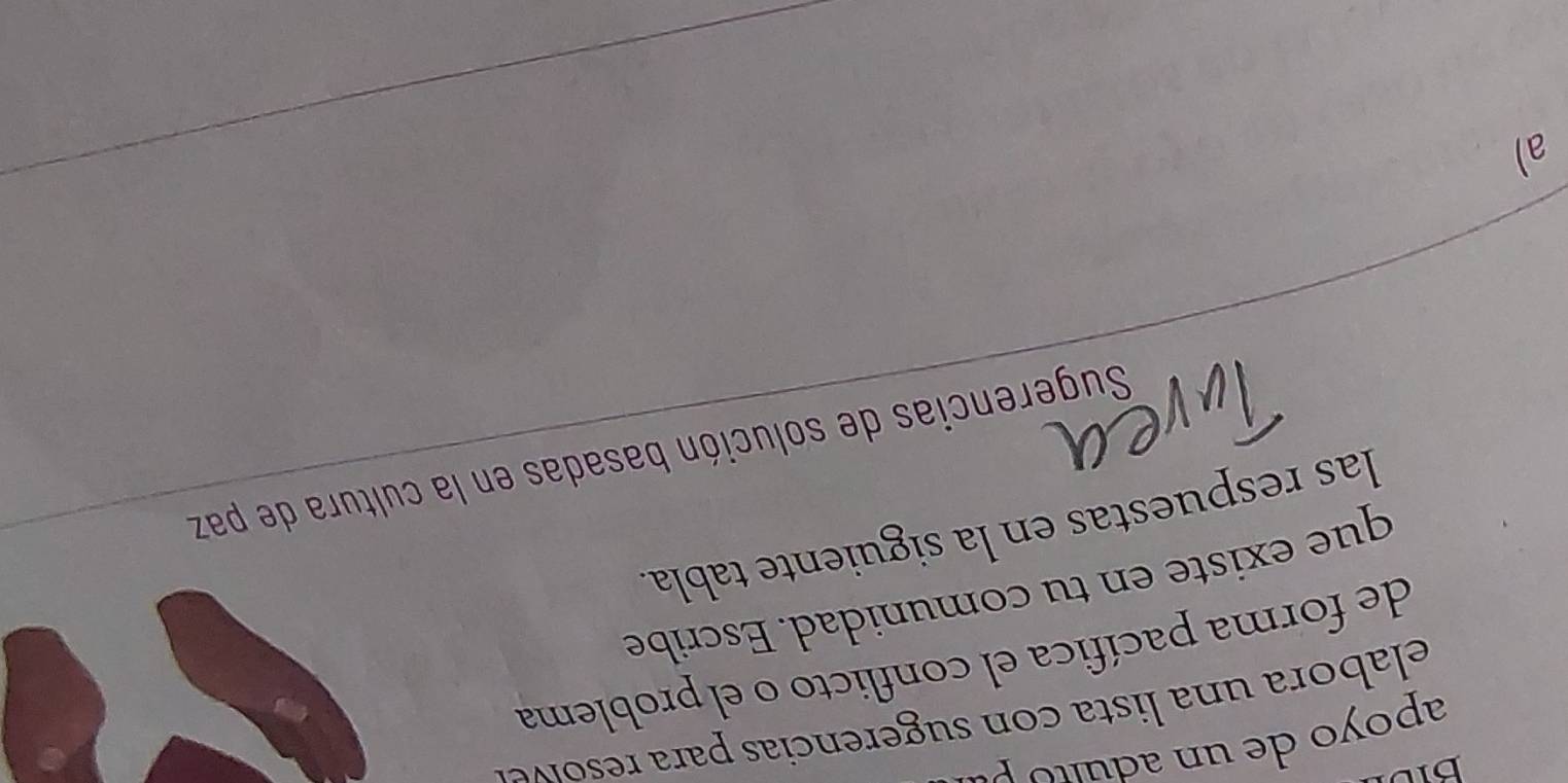 BIL 
apoy o de un adui o p 
elabora u a lista con sugerencias para res i 
de forma pacífica el conflicto o el problema 
que existe en tu comunidad. Escribe 
las respuestas en la siguiente tabla. 
Sugerencias de solución basadas en la cultura de paz 
a)