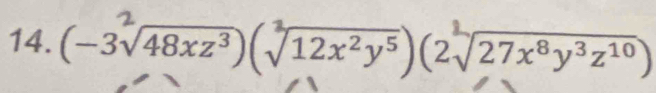 (−3√48xz³)(√12x²y⁵)(2√27x⁸y³z¹0)