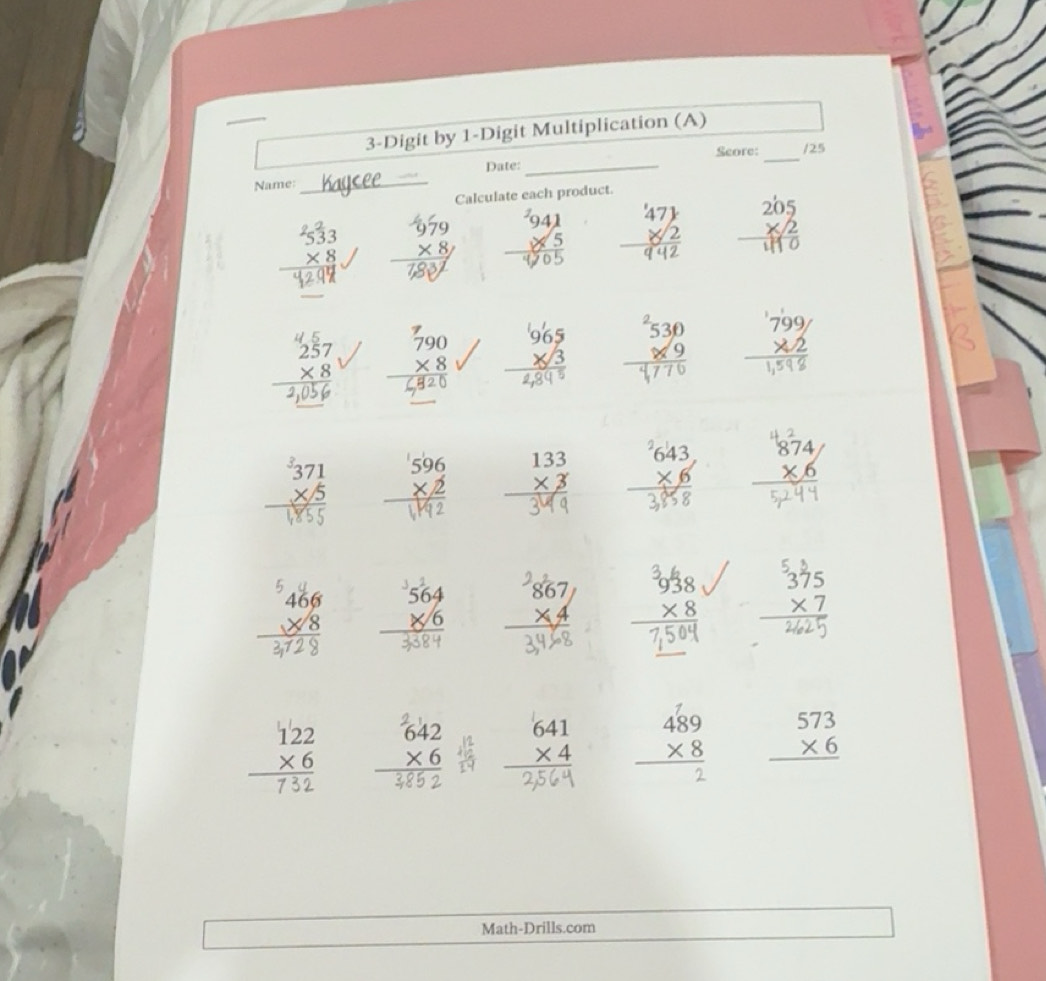 Solved: 3-Digit by 1-Digit Multiplication (A) Date: _Score: _/25 Name ...