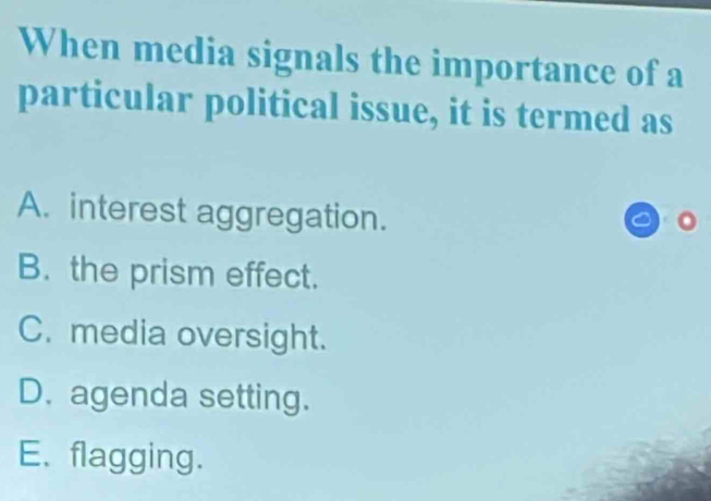 When media signals the importance of a
particular political issue, it is termed as
A. interest aggregation.
B. the prism effect.
C. media oversight.
D. agenda setting.
E. flagging.