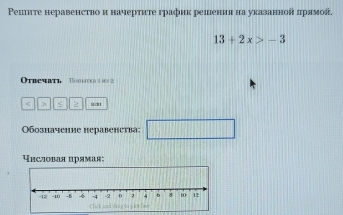 Ρешнте неравенство и начерτητе графнк решения на указанной πрамой.
13+2x>-3

< > 2
бозhачение неравенеτва 
पнсловая прямая: