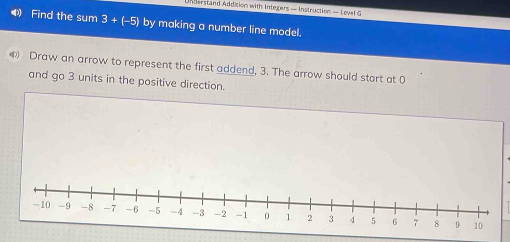 Understand Addition with Integers — Instruction — Level G 
D Find the sum 3+(-5) by making a number line model. 
Draw an arrow to represent the first addend, 3. The arrow should start at 0
and go 3 units in the positive direction.